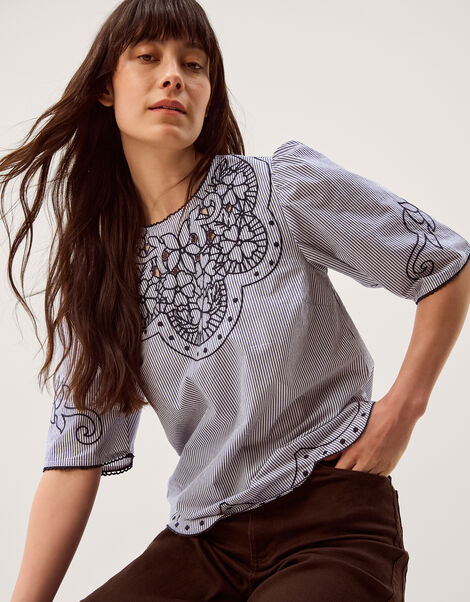 Kirsty Embroidered Stripe Top, Blue (NAVY), large