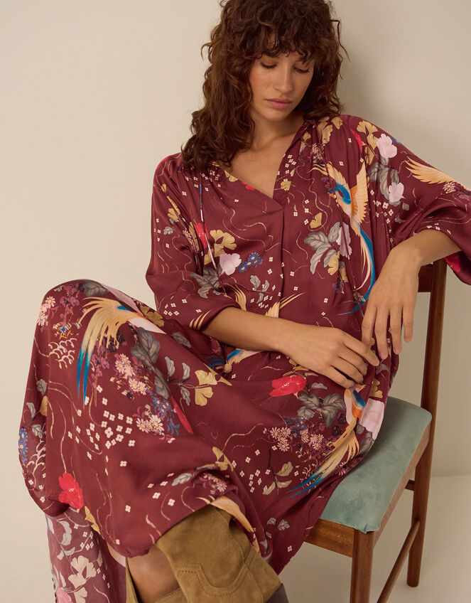 Clemence Seraphine Floral Print Satin Midi Tunic Dress, Red (BURGUNDY), large