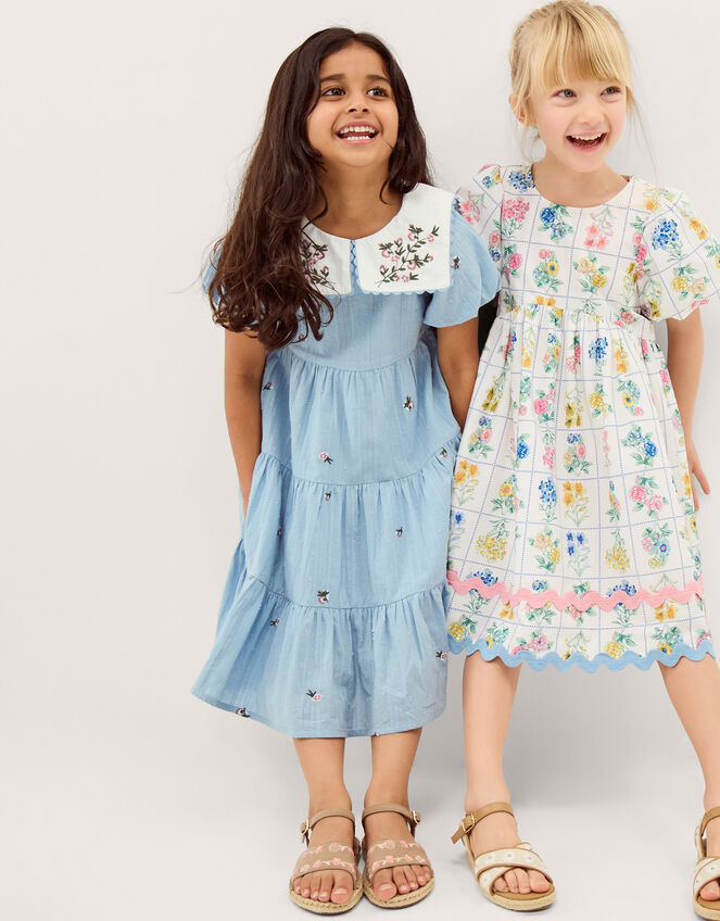 Floral Embroidered Collar Dobby Dress, Blue (BLUE), large