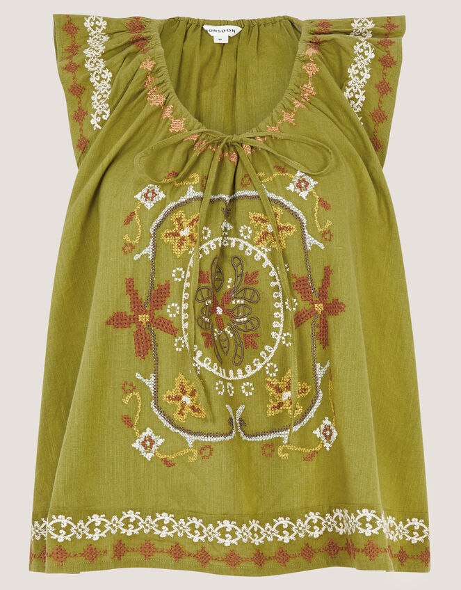 Greta Floral Embroidered Top, Green (GREEN), large