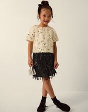Frankie Short Sleeve Sequin Fringe Top, White (WARM IVORY), large