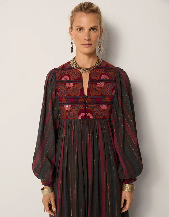 Maison Hotel Isadora Paisley Stripe Midi Dress, Red (BURGUNDY), large