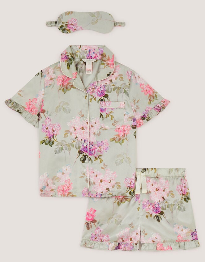 Floral Satin Short Pyjamas & Eye Mask Set, Green (GREEN), large