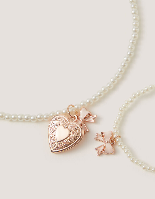 Bow Locket Pearl Necklace & Bracelet Set, , large