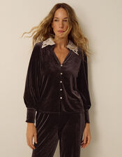 Leith Lace Collar Velvet Shirt, Brown (CHOCOLATE), large