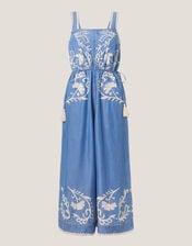 Stella Embroidered Denim Culotte Jumpsuit, Blue (DENIM BLUE), large