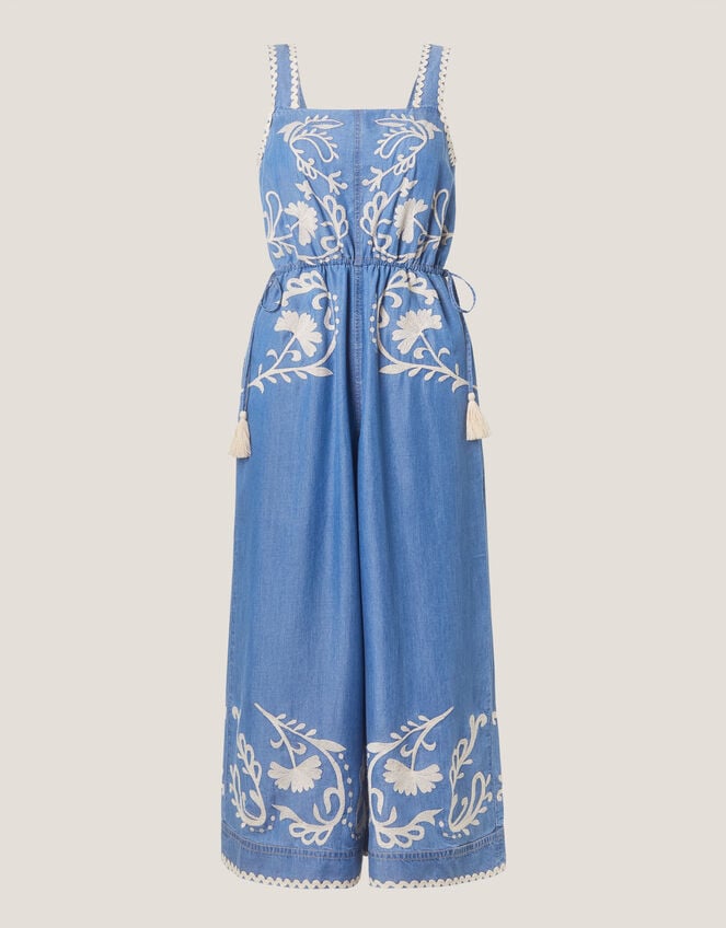 Stella Embroidered Denim Culotte Jumpsuit, Blue (DENIM BLUE), large