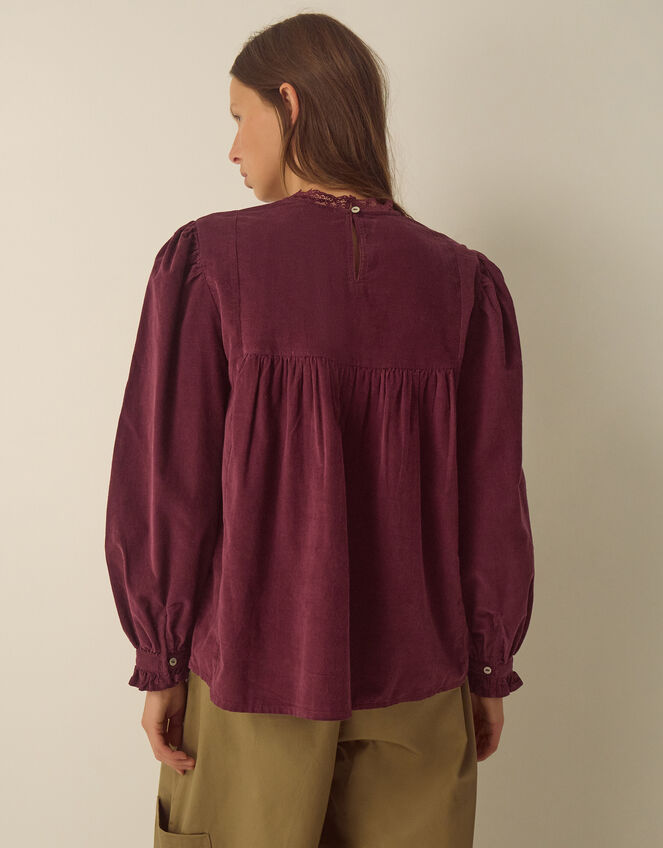 Tyra Long Sleeve Embroidered Corduroy Top, Red (BURGUNDY), large