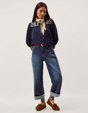 Emi Embroidered Cotton Jersey Top, Blue (NAVY), large