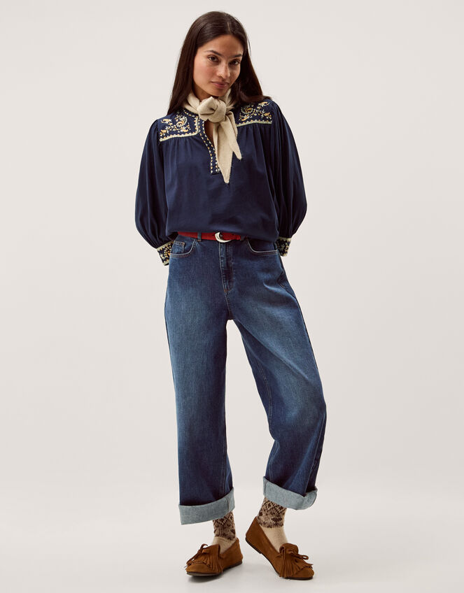 Emi Embroidered Cotton Jersey Top, Blue (NAVY), large