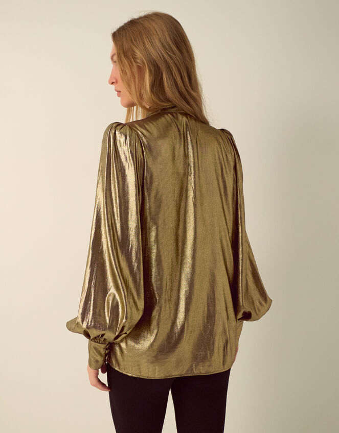 Monsoon x Queens of Archive Debbie Tie Neck Metallic Blouson Blouse​, Gold (GOLD), large