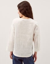 Jayla V-Neck Lace Linen Blouse, White (WHITE), large