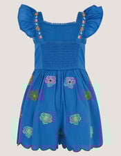 Floral Embroidered Scallop Trim Romper, Blue (BLUE), large