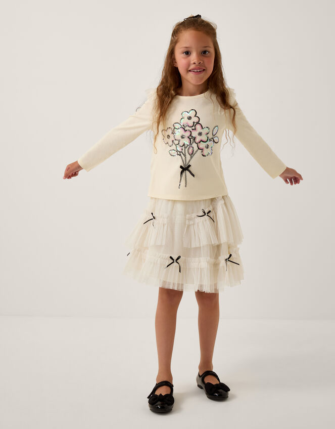 Floral Sequin Top & Bow Mesh Skirt Set, Ivory (IVORY), large