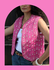 Dilli Grey Saffron Reversible Block Print Waistcoat, Pink (MAGENTA), large