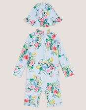 Baby Floral Stripe UPF50+ Swimsuit & Sun Hat, Blue (BLUE), large