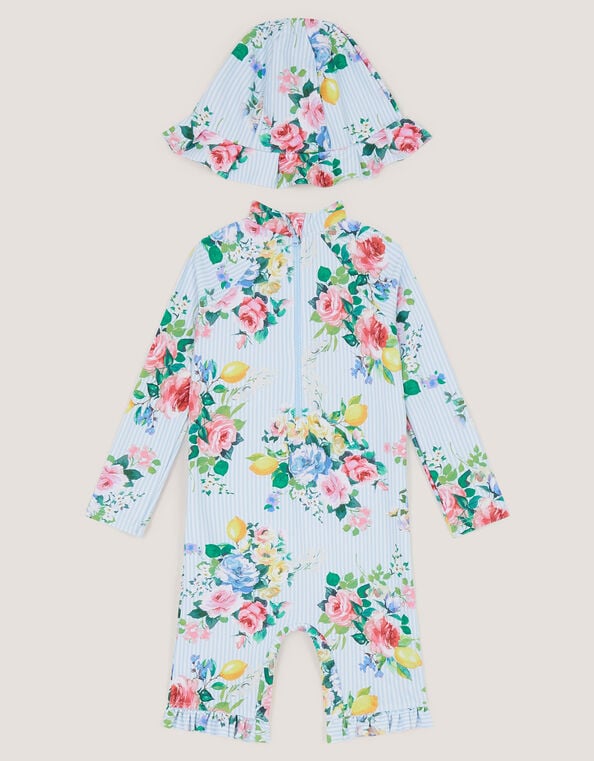 Baby Floral Stripe UPF50+ Swimsuit & Sun Hat, Blue (BLUE), large