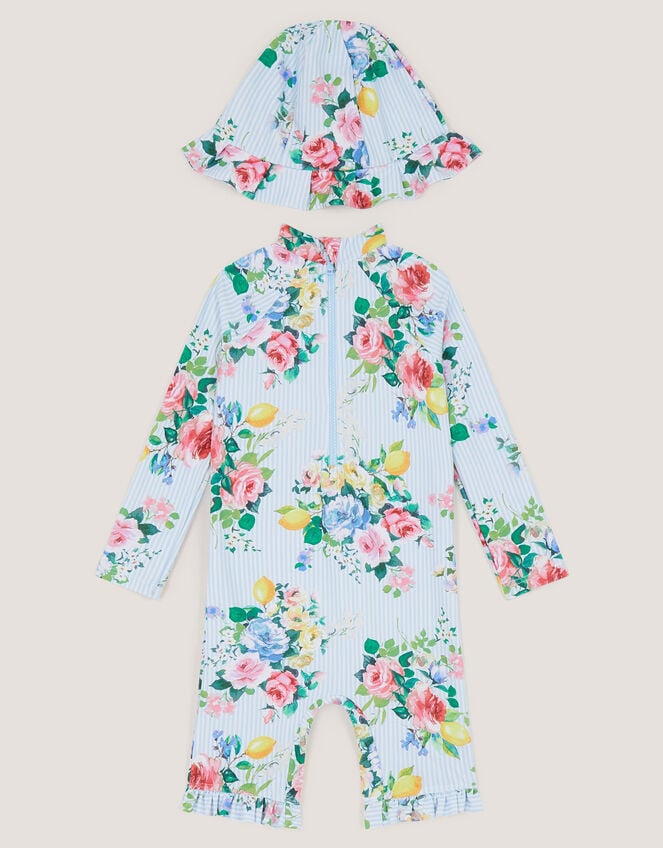 Baby Floral Stripe UPF50+ Swimsuit & Sun Hat, Blue (BLUE), large