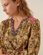 East Kiku Ikat Print Midi Dress, Green (GREEN), large