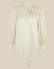 Skyla Jacquard Pussybow Blouse, Ivory (IVORY), large