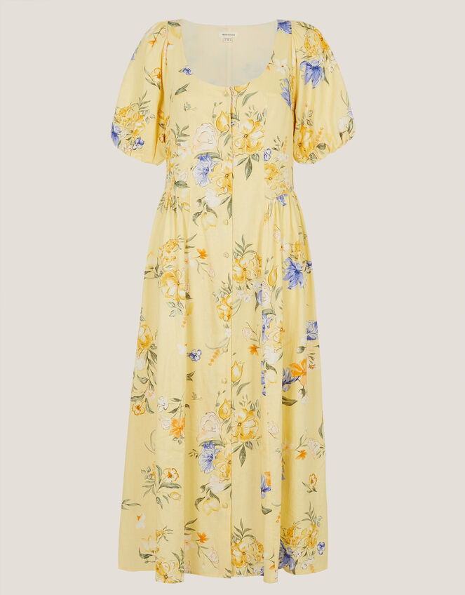 Etta Floral Linen Blend Midi Dress, Yellow (YELLOW), large