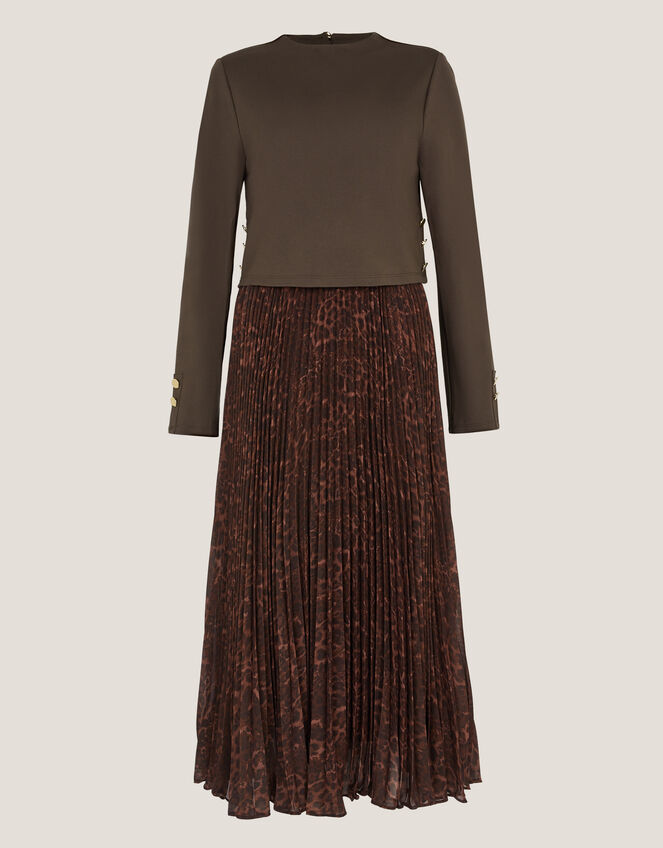 Archi Leopard Print Pleated Midi Dress, Brown (CHOCOLATE), large