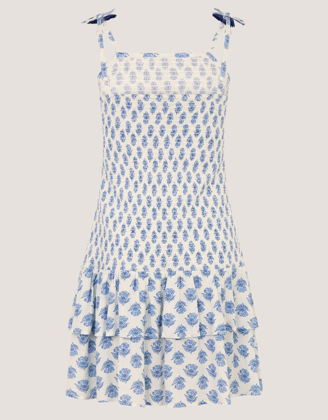 Floral Print Smocked Dress, White (WHITE), large