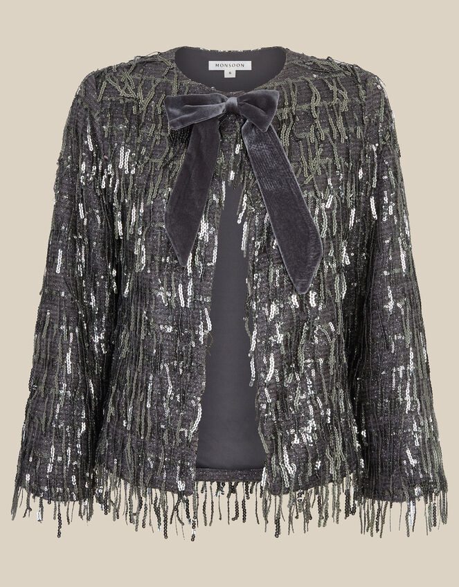 Sabia Velvet Bow Sequin Jacket, Dark Silver (GUNMETAL), large