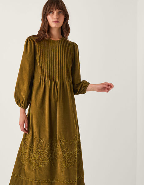 Joyce Pintuck Embroidered Corduroy Midi Dress, Green (CHARTREUSE), large