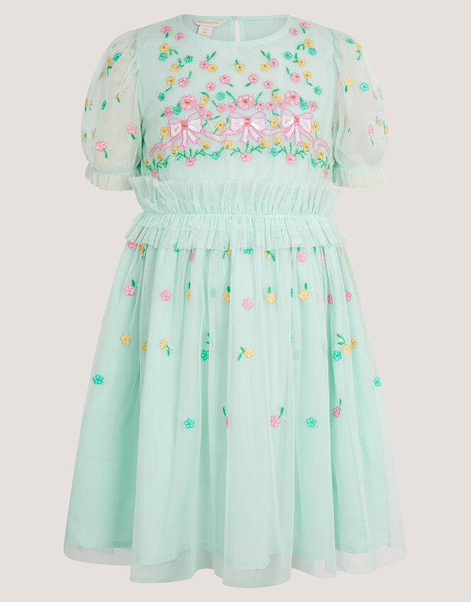 Puff Sleeve Floral Mesh Dress, Blue (BLUE), large