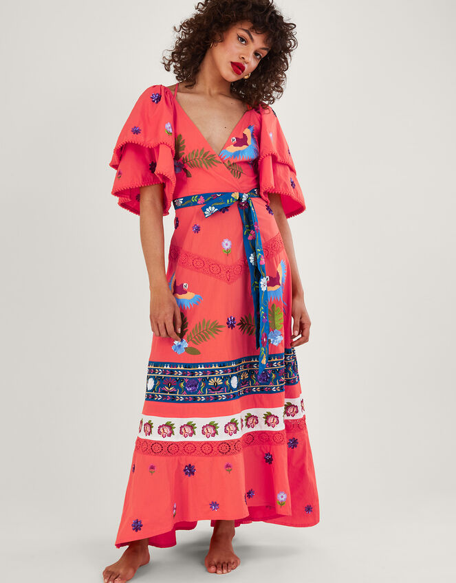 Lucy Layered Sleeve Embellished Maxi Dress, Orange (CORAL), large