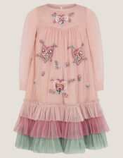 Embellished Heart Long Sleeve Dress, Pink (PINK), large