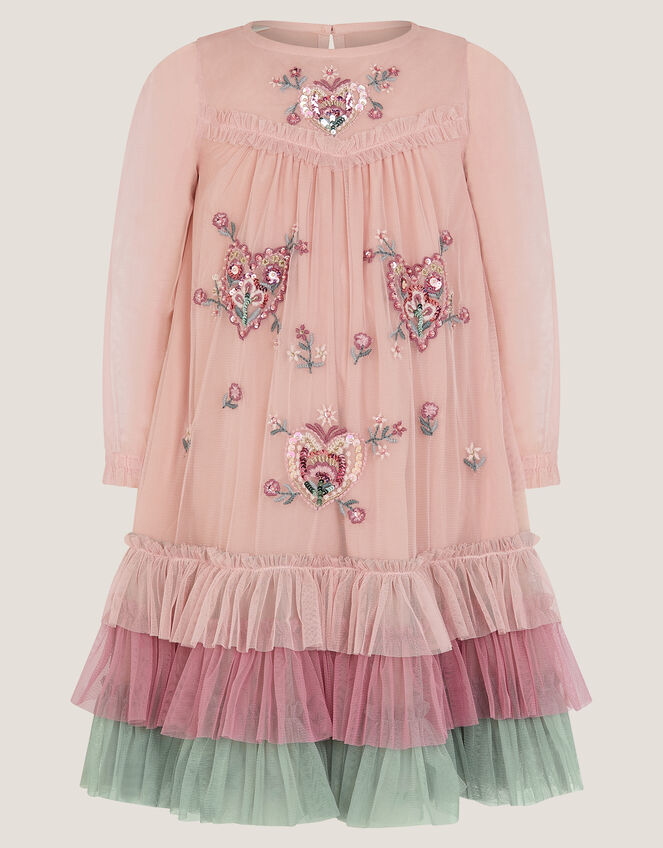 Embellished Heart Long Sleeve Dress, Pink (PINK), large