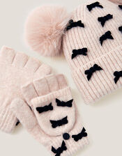 Bow Bobble Hat & Gloves Set, Camel (OATMEAL), large