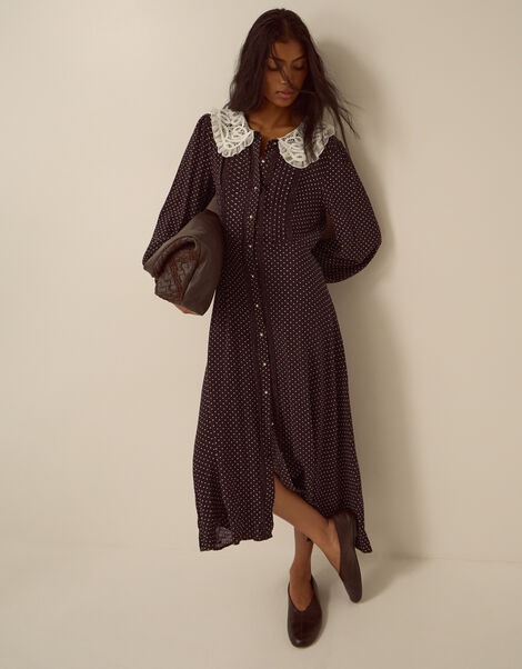 Shae Lace Collar Polka Dot Midi Dress, Brown (CHOCOLATE), large
