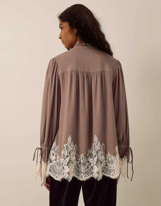 Selene Ruffle High Neck Lace Blouse, Mink (MINK), large