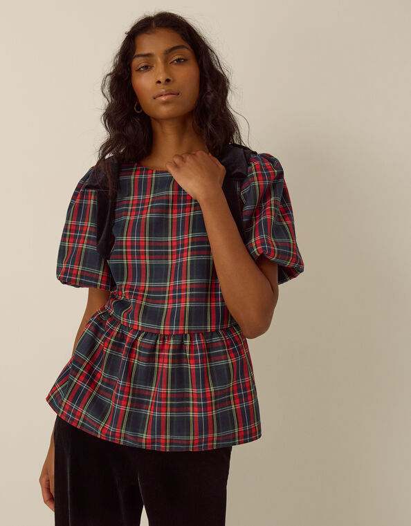 Dottie Puff Sleeve Bow Tartan Top, Red (RED), large