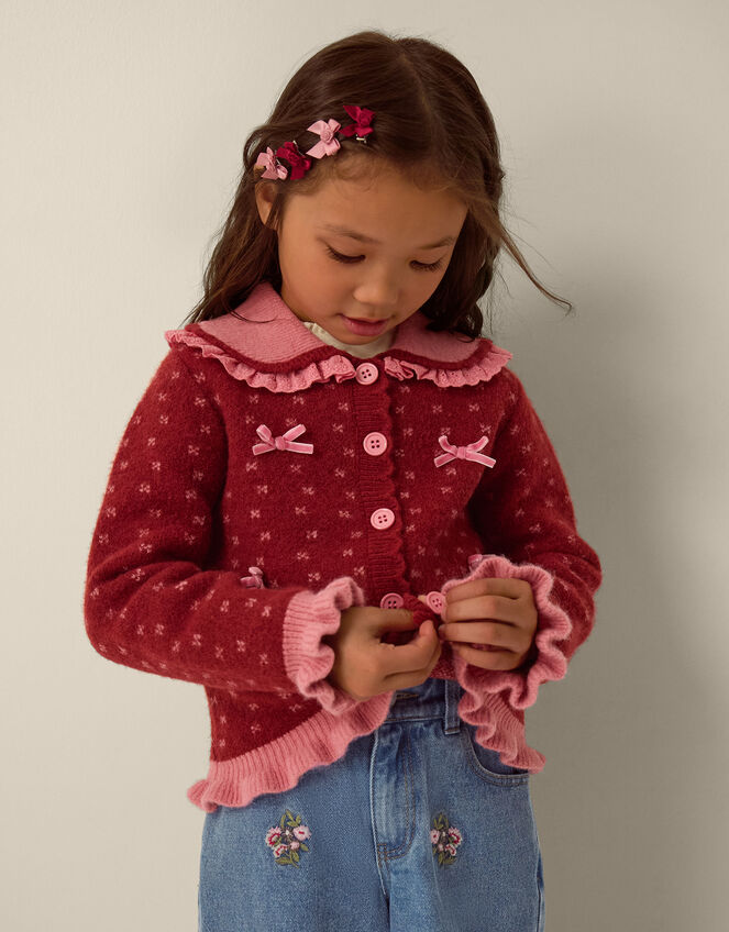 Frill Collar Bow Cardigan, Red (BURGUNDY), large