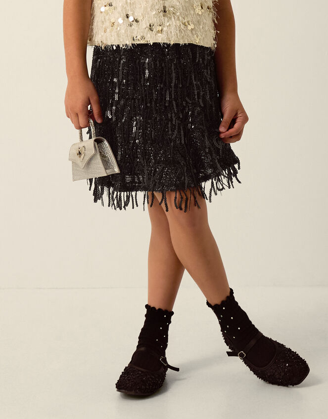 Cindy Sequin Fringe Skirt, Black (BLACK), large