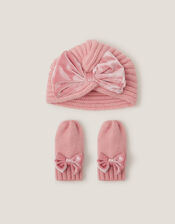 Baby Bow Knitted Hat & Mittens Set, Pink (PINK), large