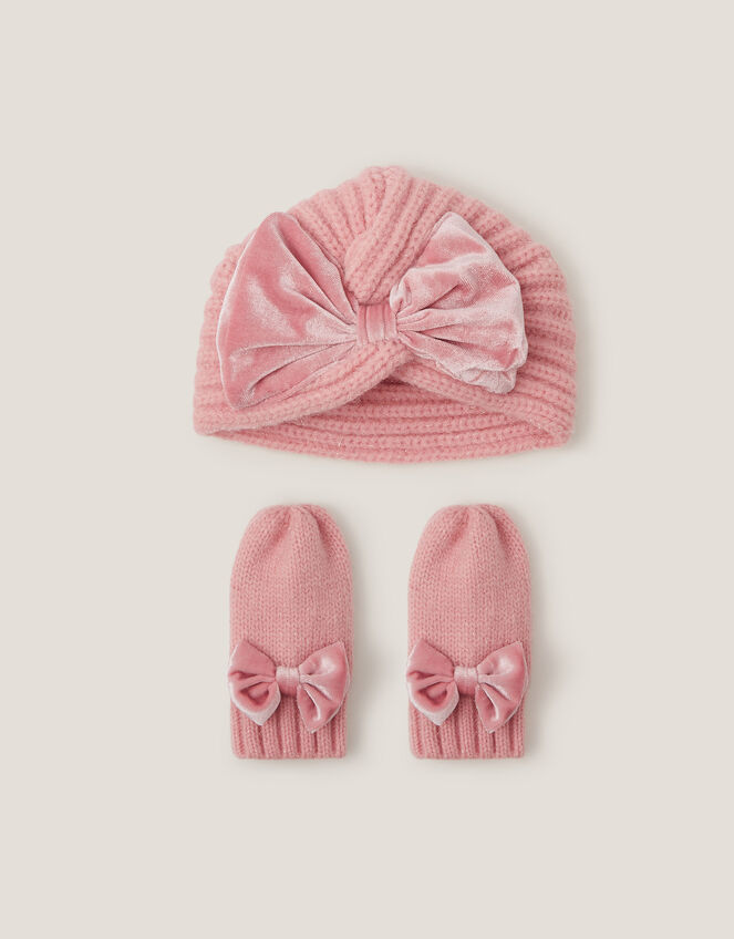Baby Bow Knitted Hat & Mittens Set, Pink (PINK), large