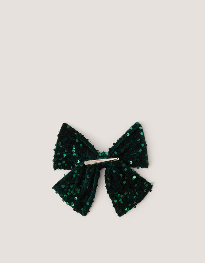 Sequin Velvet Bow Clip, Green (GREEN), large