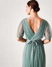 Ellie Sheer Sleeve Plunge Tulle Maxi Dress, Green (SAGE), large