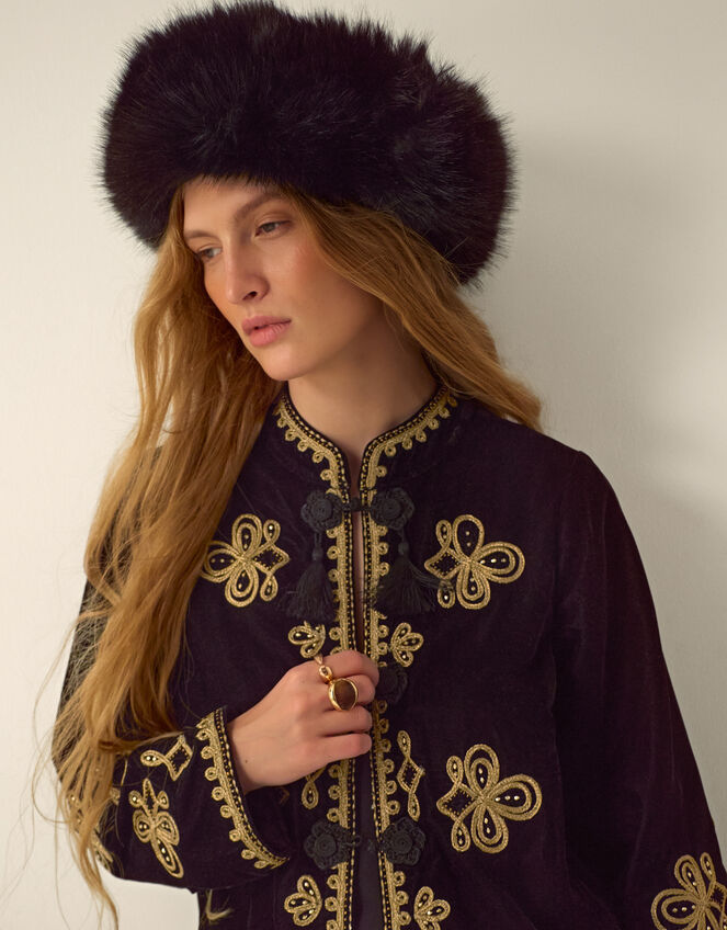 Monsoon x Queens of Archive Kate Long Embroidered Velvet Jacket, Black (BLACK), large
