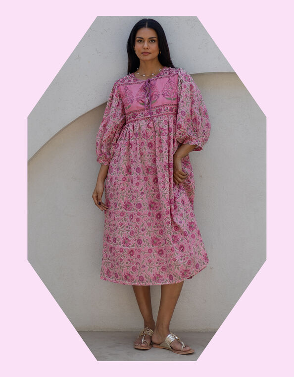 Dilli Grey Fara Floral Block Print Midi Dress, Pink (PINK), large