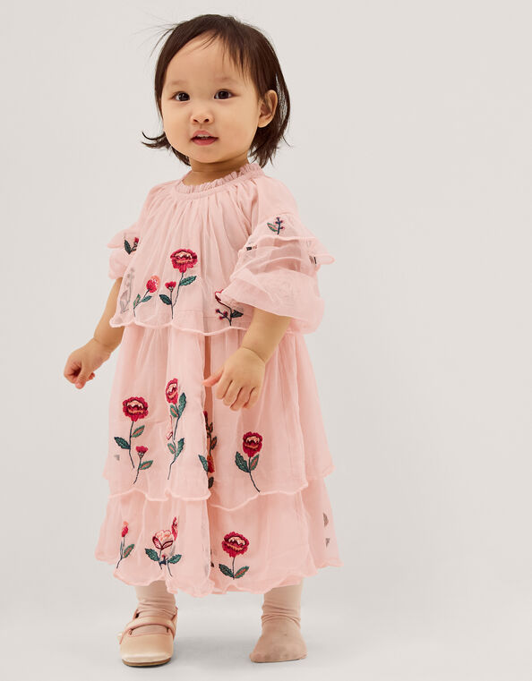 Baby Floral Embroidered Scallop Tier Dress, Ivory (IVORY), large