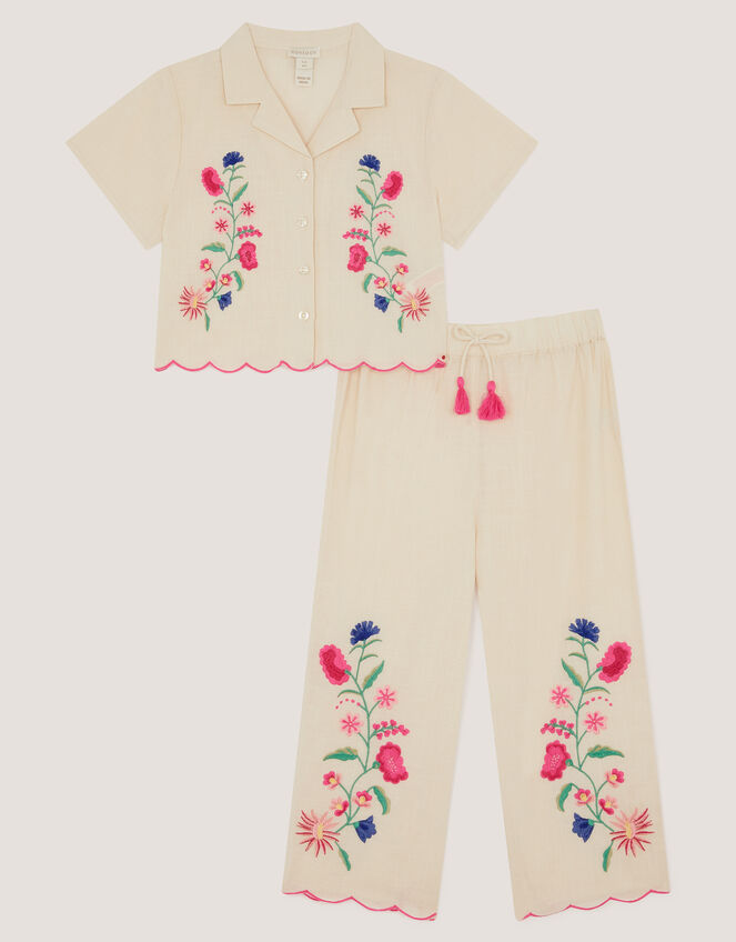 Floral Embroidered Shirt & Trousers Set, White (WHITE), large