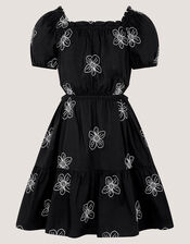 Puff Sleeve Floral Embroidered Dress, Black (BLACK), large