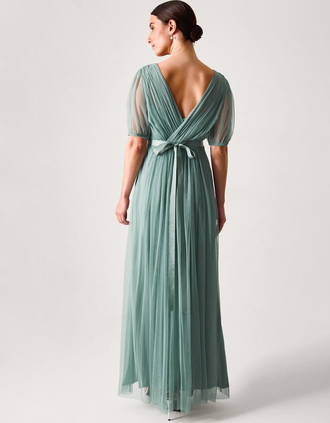 Ellie Sheer Sleeve Plunge Tulle Maxi Dress, Green (SAGE), large