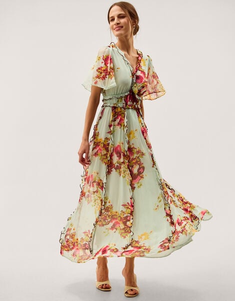 Perrie Floral Print Frill Maxi Dress, Green (SAGE), large